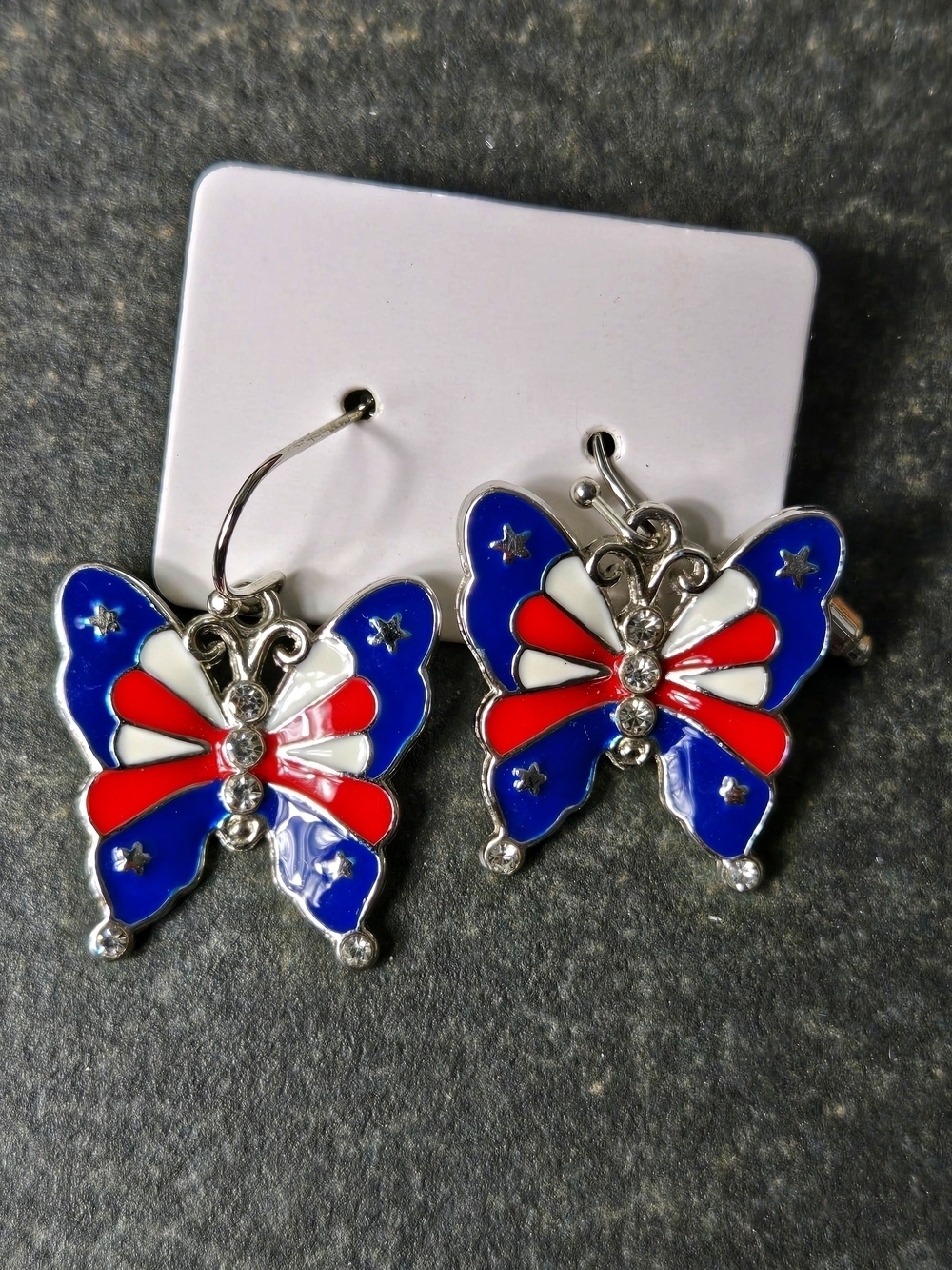 Patriotic Butterfly Dangle Earrings - Red, White & Blue - Picture 2 of 6